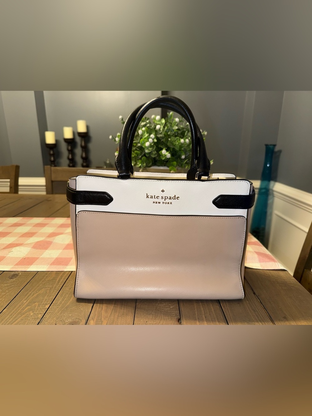 kate spade Two-Tone Leather Satchel in tan, White & Black with Wallet